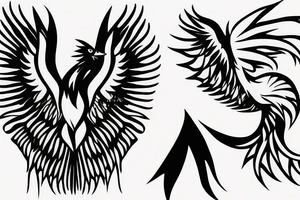 minimalist phoenix in shaded greyscale. with long detailed tail for whole back tattoo idea