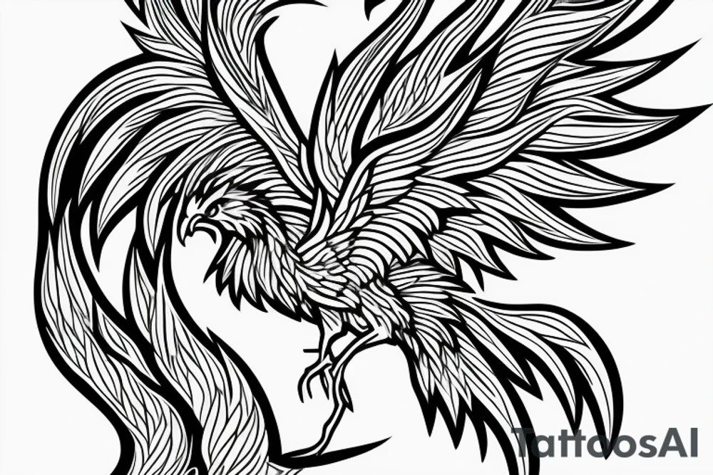 minimalist phoenix in shaded greyscale. with long detailed tail for whole back tattoo idea