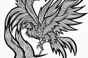 minimalist phoenix in shaded greyscale. with long detailed tail for whole back tattoo idea