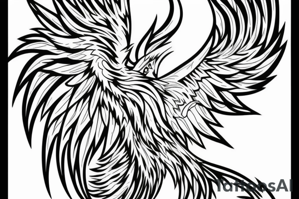 minimalist phoenix in shaded greyscale. with long detailed tail for whole back tattoo idea