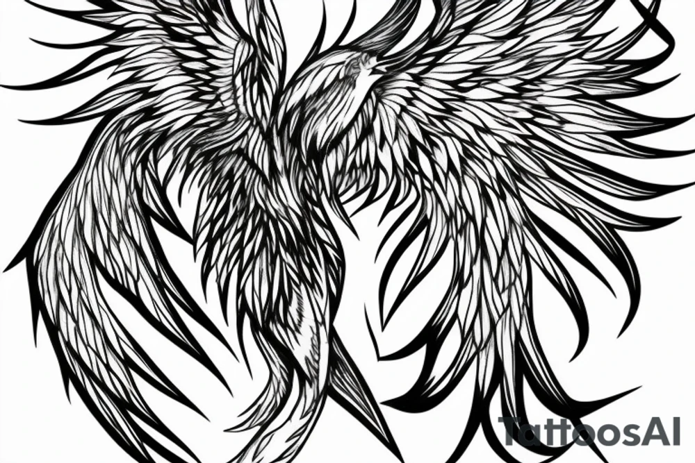 minimalist phoenix in shaded greyscale. with long detailed tail for whole back tattoo idea
