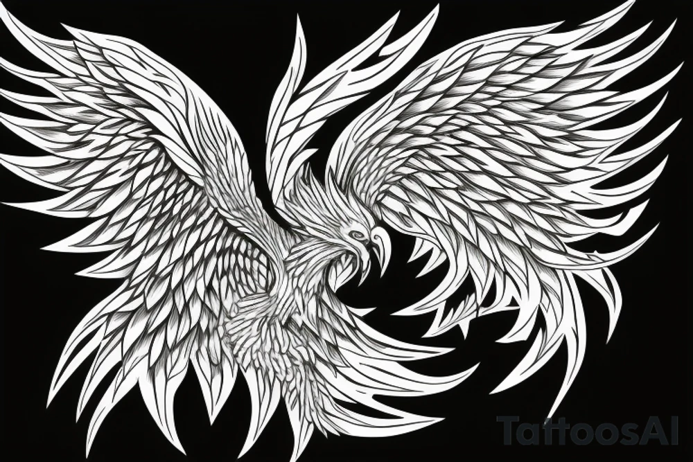 minimalist phoenix in shaded greyscale. with long detailed tail for whole back tattoo idea
