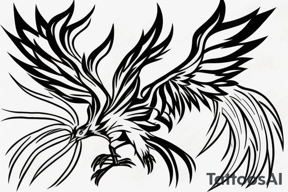 minimalist phoenix in shaded greyscale. with long detailed tail for whole back tattoo idea
