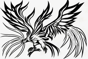 minimalist phoenix in shaded greyscale. with long detailed tail for whole back tattoo idea