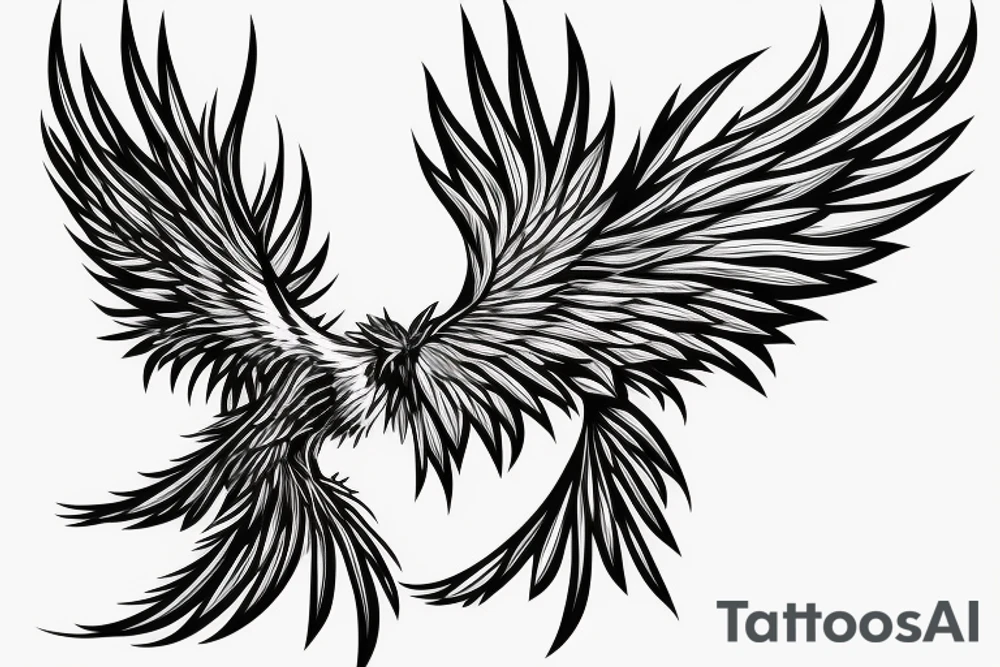 minimalist phoenix in shaded greyscale. with long detailed tail for whole back tattoo idea