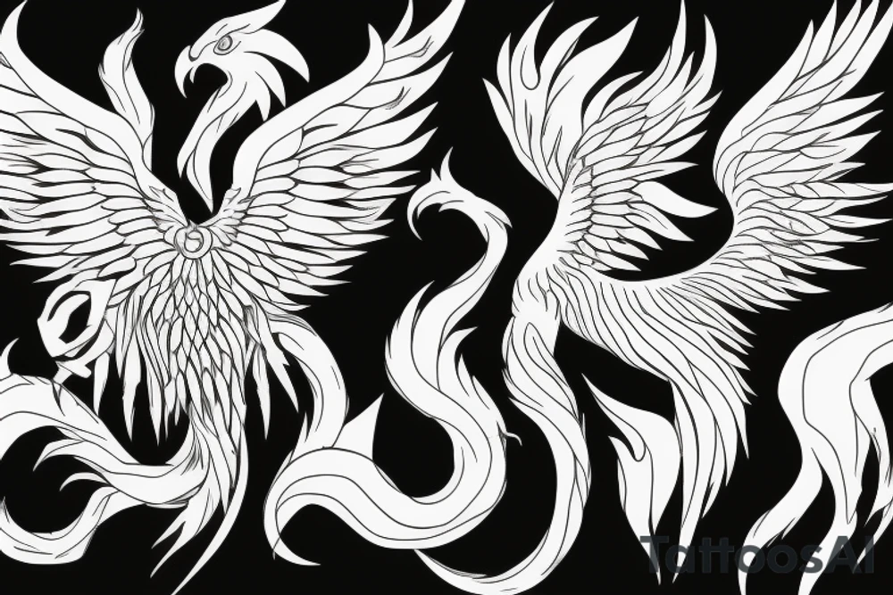 minimalist phoenix in shaded greyscale. with long detailed tail with flames for whole back tattoo idea