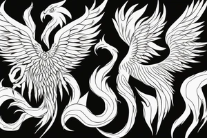 minimalist phoenix in shaded greyscale. with long detailed tail with flames for whole back tattoo idea