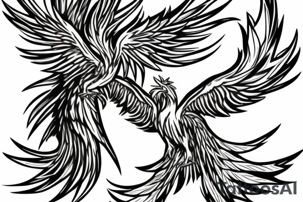 minimalist phoenix in shaded greyscale. with long detailed tail with flames for whole back tattoo idea