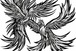 minimalist phoenix in shaded greyscale. with long detailed tail with flames for whole back tattoo idea