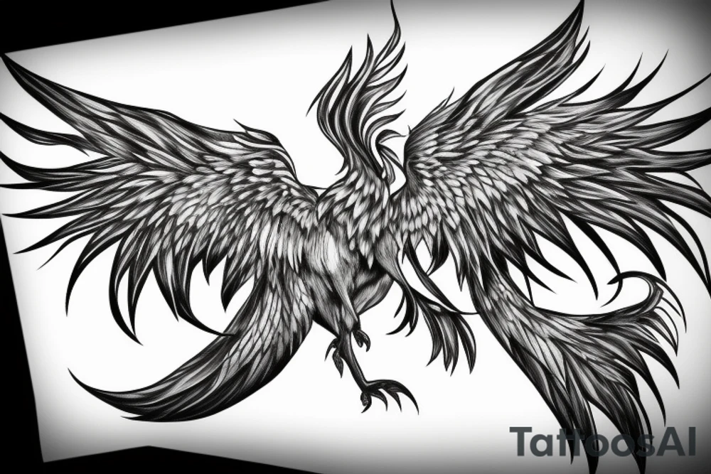minimalist phoenix in shaded greyscale with long detailed tail with flames for whole back tattoo idea