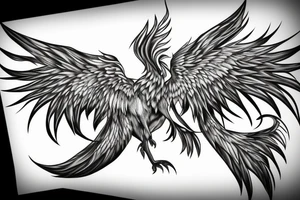 minimalist phoenix in shaded greyscale with long detailed tail with flames for whole back tattoo idea