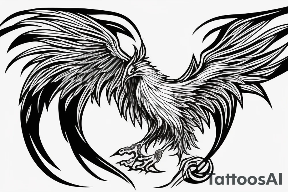 minimalist phoenix in shaded greyscale with long detailed tail with flames for whole back tattoo idea