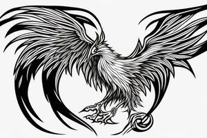 minimalist phoenix in shaded greyscale with long detailed tail with flames for whole back tattoo idea
