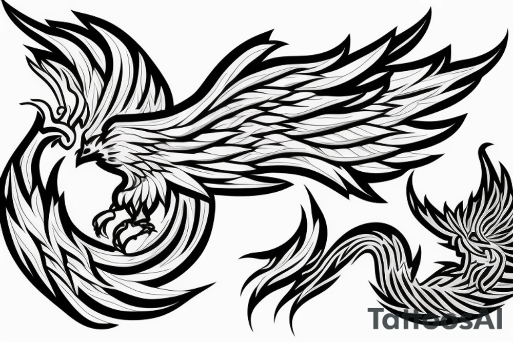 minimalist rampant phoenix in shaded greyscale with long detailed tail with flames for whole back tattoo idea