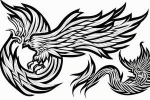 minimalist rampant phoenix in shaded greyscale with long detailed tail with flames for whole back tattoo idea