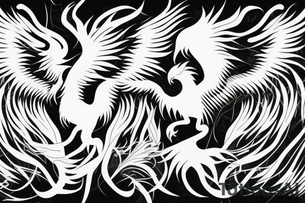 minimalist rampant phoenix in shaded greyscale with long detailed tail with flames for whole back tattoo idea