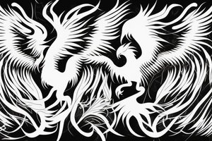 minimalist rampant phoenix in shaded greyscale with long detailed tail with flames for whole back tattoo idea
