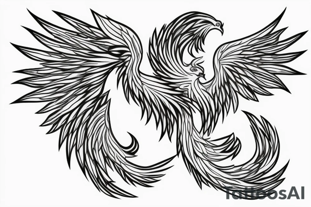 minimalist rampant phoenix in shaded greyscale with long detailed tail with flames for whole back tattoo idea