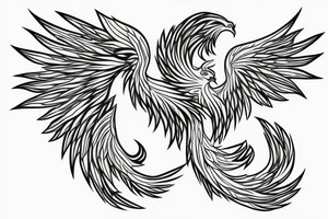minimalist rampant phoenix in shaded greyscale with long detailed tail with flames for whole back tattoo idea