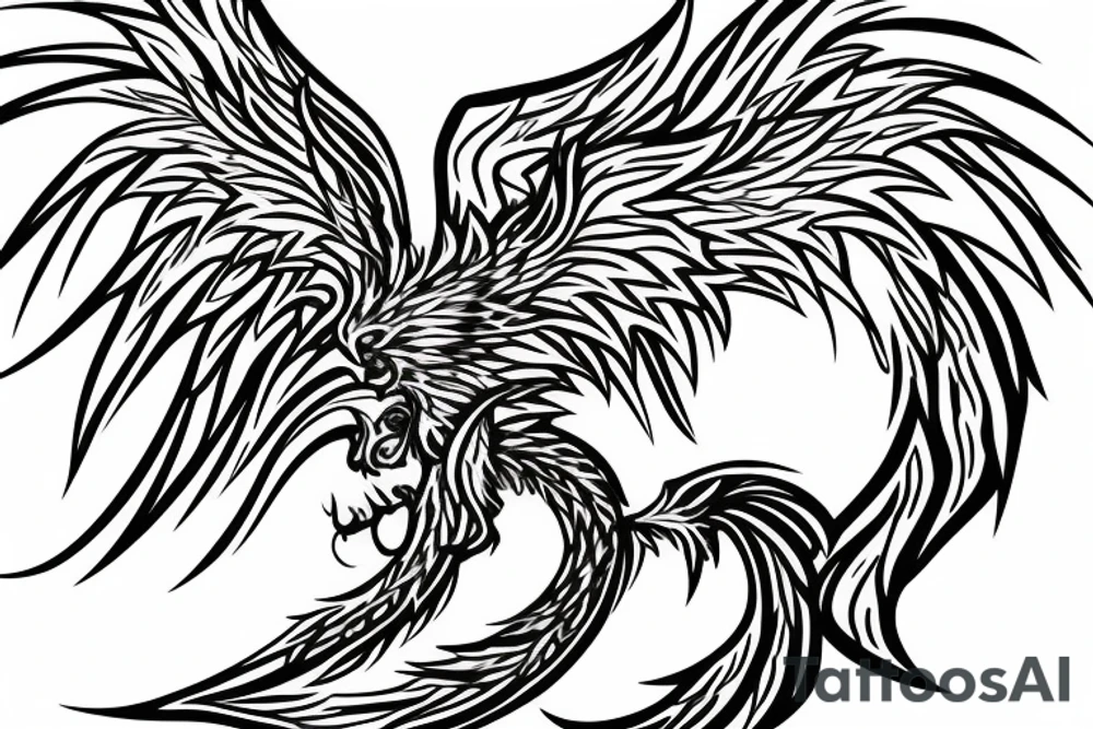 minimalist rampant phoenix in shaded greyscale with long detailed tail with flames for whole back tattoo idea