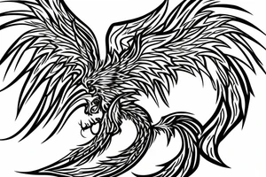 minimalist rampant phoenix in shaded greyscale with long detailed tail with flames for whole back tattoo idea