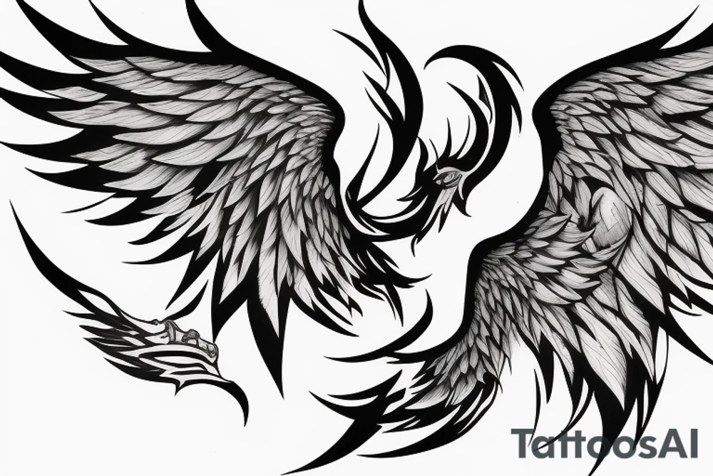 minimalist surging phoenix in shaded greyscale with long detailed tail with flames for whole back tattoo idea