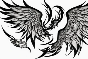 minimalist surging phoenix in shaded greyscale with long detailed tail with flames for whole back tattoo idea