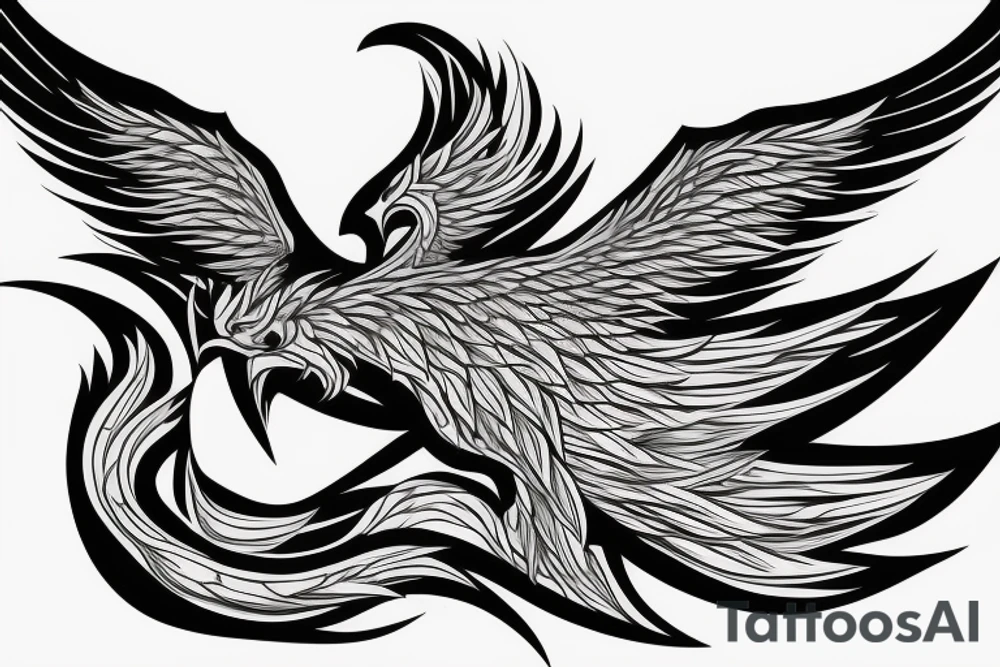 minimalist surging phoenix in shaded greyscale with long detailed tail with flames for whole back tattoo idea