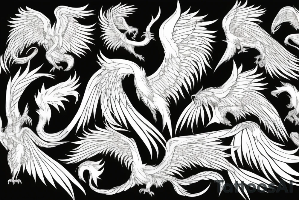 minimalist surging phoenix with shaded greyscale with long detailed tail with flames for whole back tattoo idea