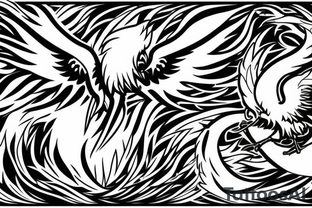 minimalist surging phoenix with shaded greyscale with long detailed tail with flames for whole back tattoo idea