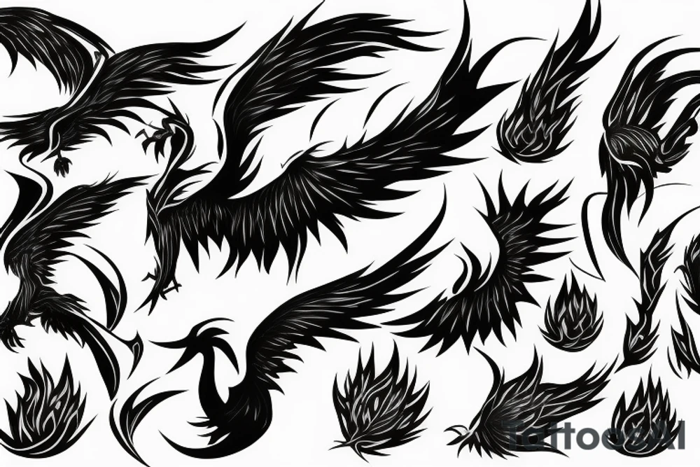minimalist surging phoenix with shaded greyscale with long detailed tail with flames for whole back tattoo idea