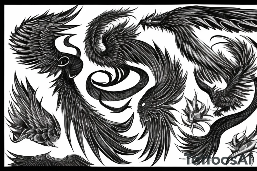 big minimalist surging phoenix with shaded greyscale with long detailed tail with flames tattoo idea