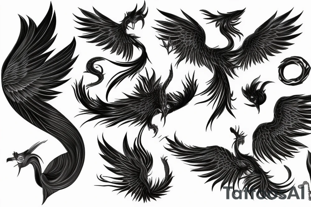 big minimalist surging phoenix with shaded greyscale with long detailed tail with flames tattoo idea