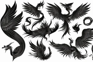 big minimalist surging phoenix with shaded greyscale with long detailed tail with flames tattoo idea