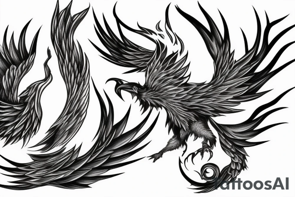 big minimalist surging phoenix with shaded greyscale with long detailed tail with flames tattoo idea