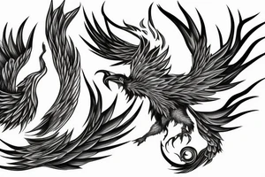 big minimalist surging phoenix with shaded greyscale with long detailed tail with flames tattoo idea