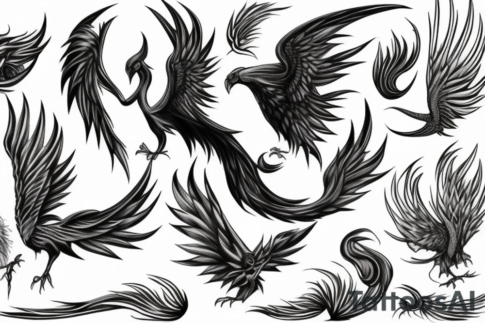 big surging phoenix minimalist with shaded greyscale with long detailed tail with flames tattoo idea