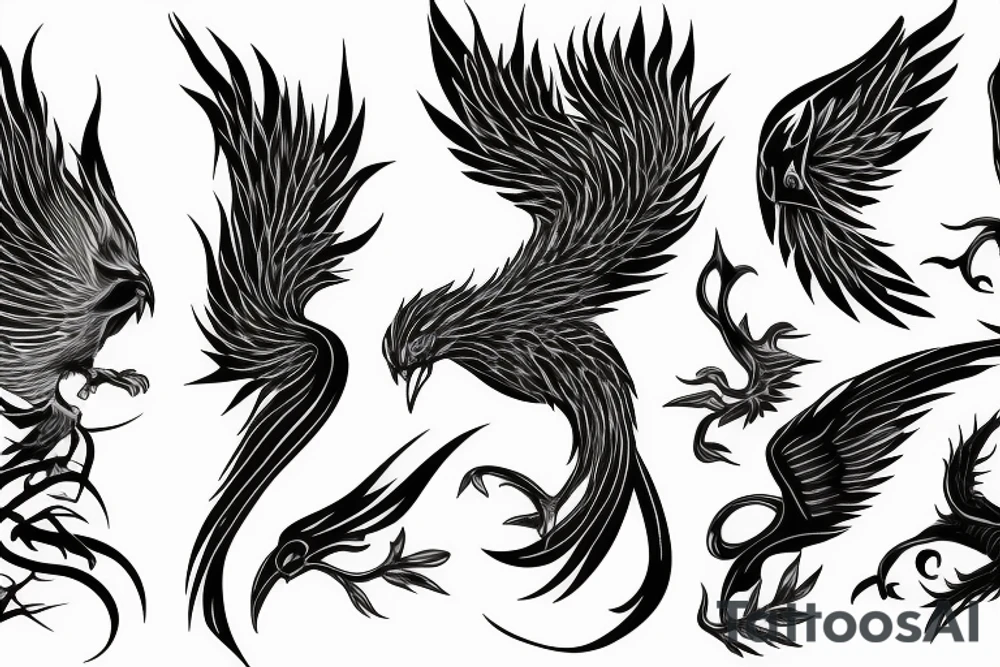 big surging phoenix minimalist with shaded greyscale with long detailed tail with flames tattoo idea