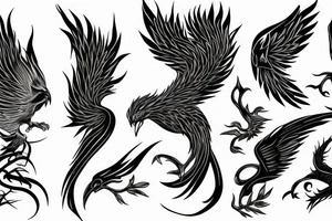 big surging phoenix minimalist with shaded greyscale with long detailed tail with flames tattoo idea