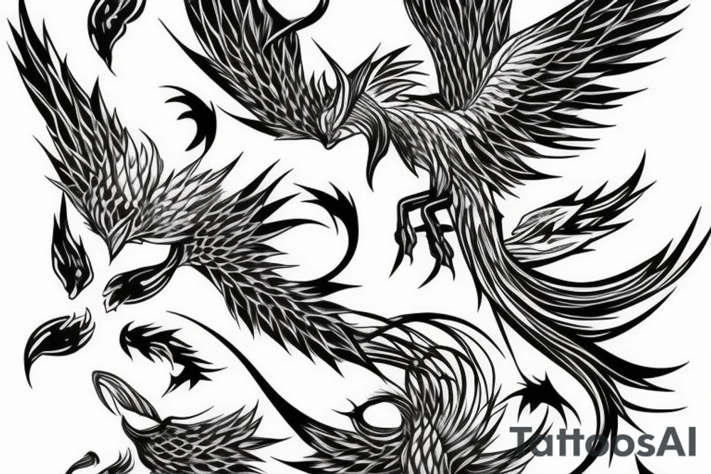 big surging phoenix minimalist with shaded greyscale with long detailed tail with flames tattoo idea