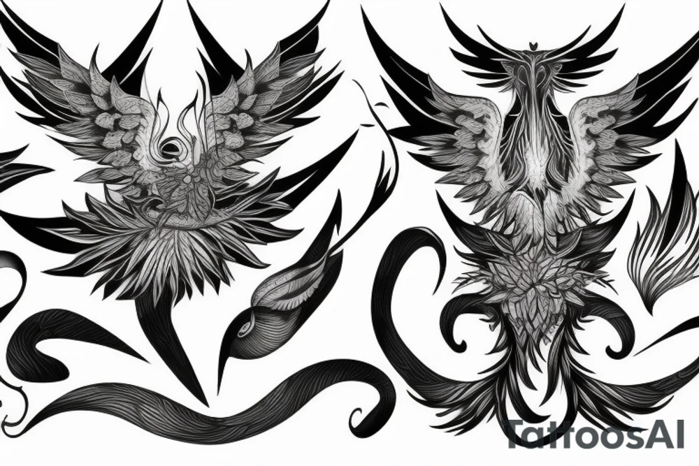 big surging phoenix minimalist with shaded greyscale with long detailed tail with flames tattoo idea