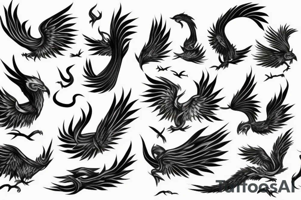 big surging phoenix minimalist with shaded greyscale with long detailed tail with flames tattoo idea