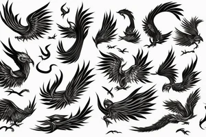 big surging phoenix minimalist with shaded greyscale with long detailed tail with flames tattoo idea
