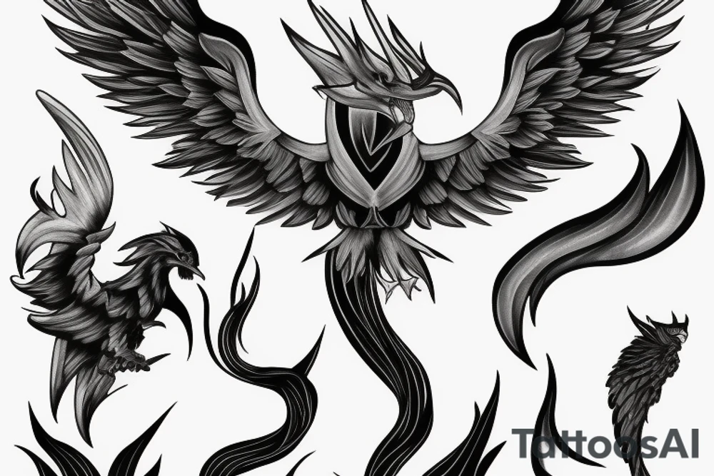 big surging phoenix minimalist with shaded greyscale with long detailed tail with flames tattoo idea