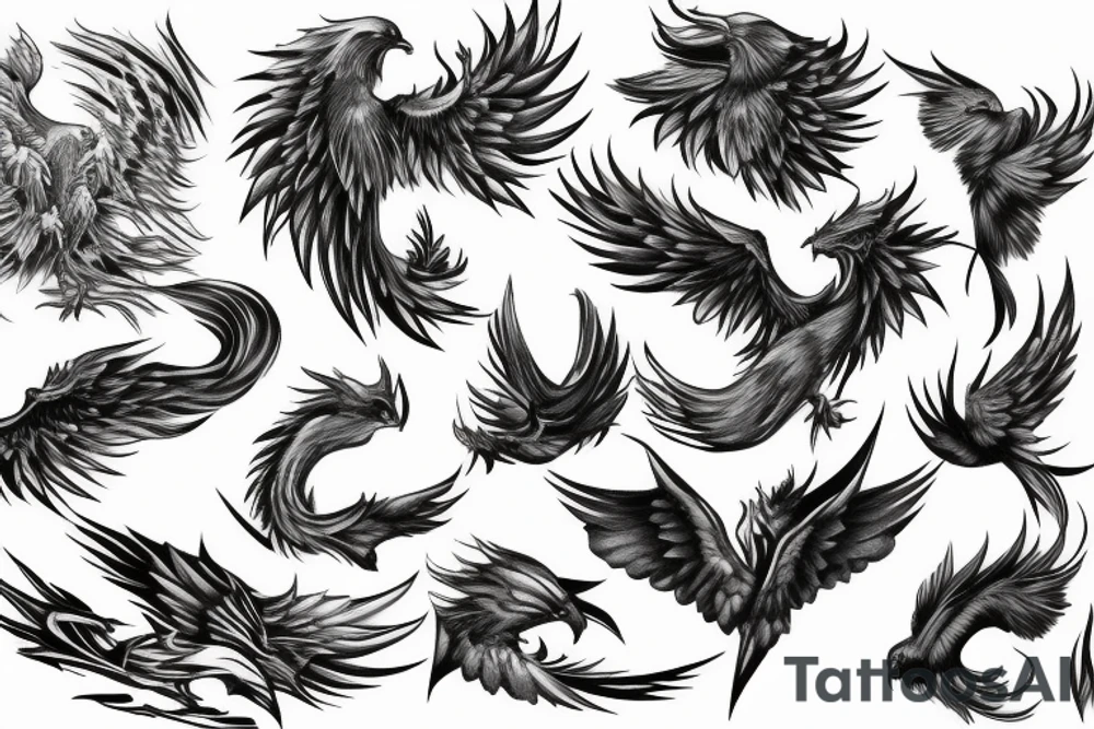 big surging phoenix minimalist with shaded greyscale with long detailed tail with flames tattoo idea