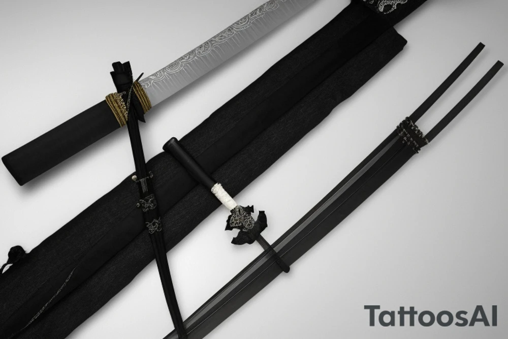 The tattoo features a beautifully detailed black and white katana, with the blade of the sword pointing upwards. The handle of the katana is wrapped in traditional Japanese-style wrapping, with a black cord tied around the base of the handle. The guard of the katana is circular in shape, with intricate details etched into the metal.

Surrounding the katana is a circular frame that's been designed to resemble a Japanese crest, with elegant, sweeping lines forming intricate patterns. The crest features various elements of traditional Japanese iconography, such as cherry blossom flowers, waves, and clouds. The entire design is done in black ink, with no shading, to create a bold and striking look. tattoo idea