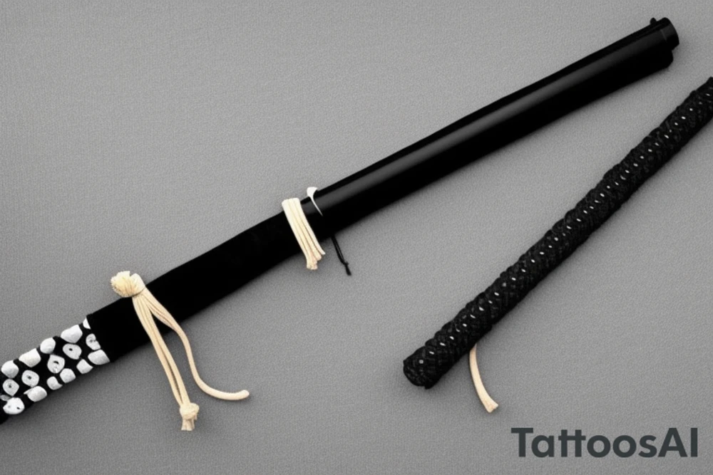 The tattoo features a beautifully detailed black and white katana, with the blade of the sword pointing upwards. The handle of the katana is wrapped in traditional Japanese-style wrapping, with a black cord tied around the base of the handle. The guard of the katana is circular in shape, with intricate details etched into the metal.

Surrounding the katana is a circular frame that's been designed to resemble a Japanese crest, with elegant, sweeping lines forming intricate patterns. The crest features various elements of traditional Japanese iconography, such as cherry blossom flowers, waves, and clouds. The entire design is done in black ink, with no shading, to create a bold and striking look. tattoo idea