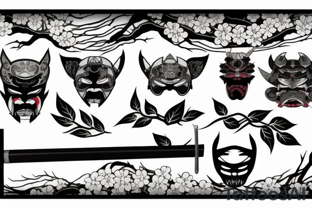 katana with sakura leaves and oni mask tattoo idea