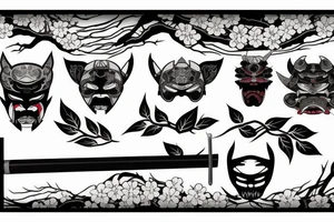 katana with sakura leaves and oni mask tattoo idea