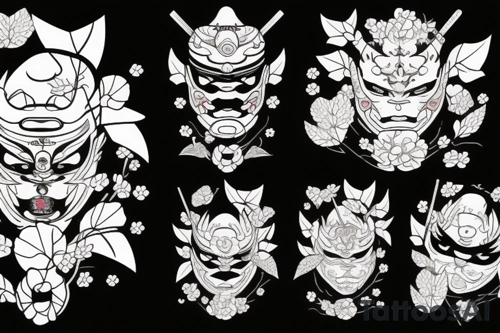 katana with sakura leaves and oni mask tattoo idea